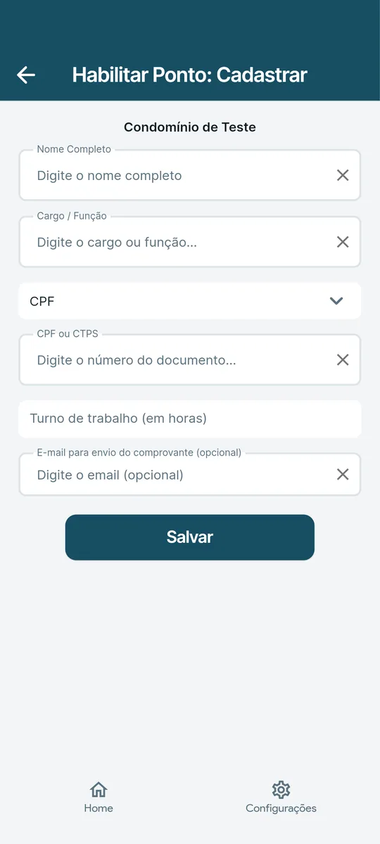 Cadastro para registro de ponto