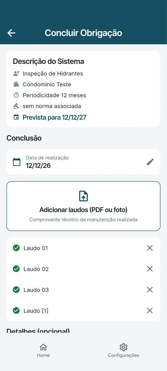 Tela de conclusão de obrigação de manutenção