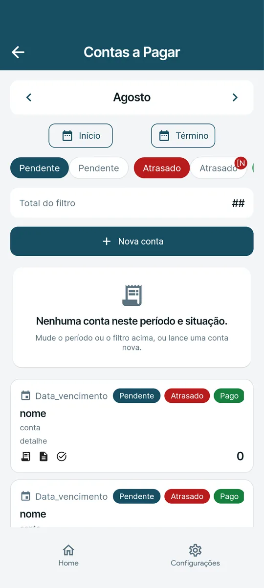 Tela de contas a pagar