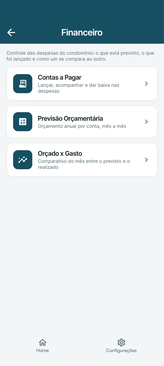 Menu do módulo Financeiro