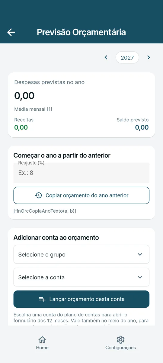 Tela de previsão orçamentária