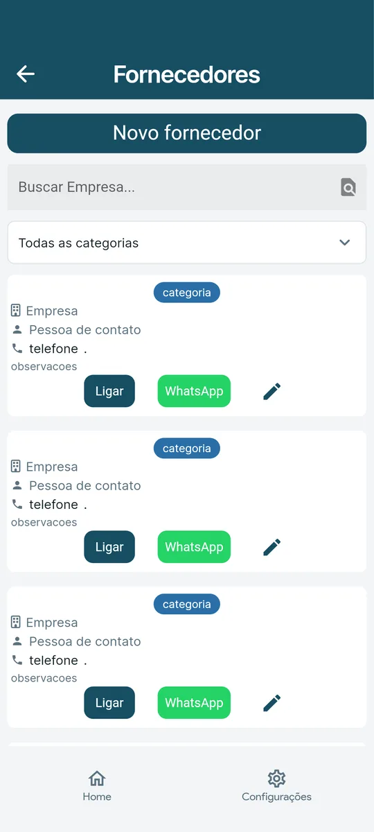 Cadastro de fornecedores